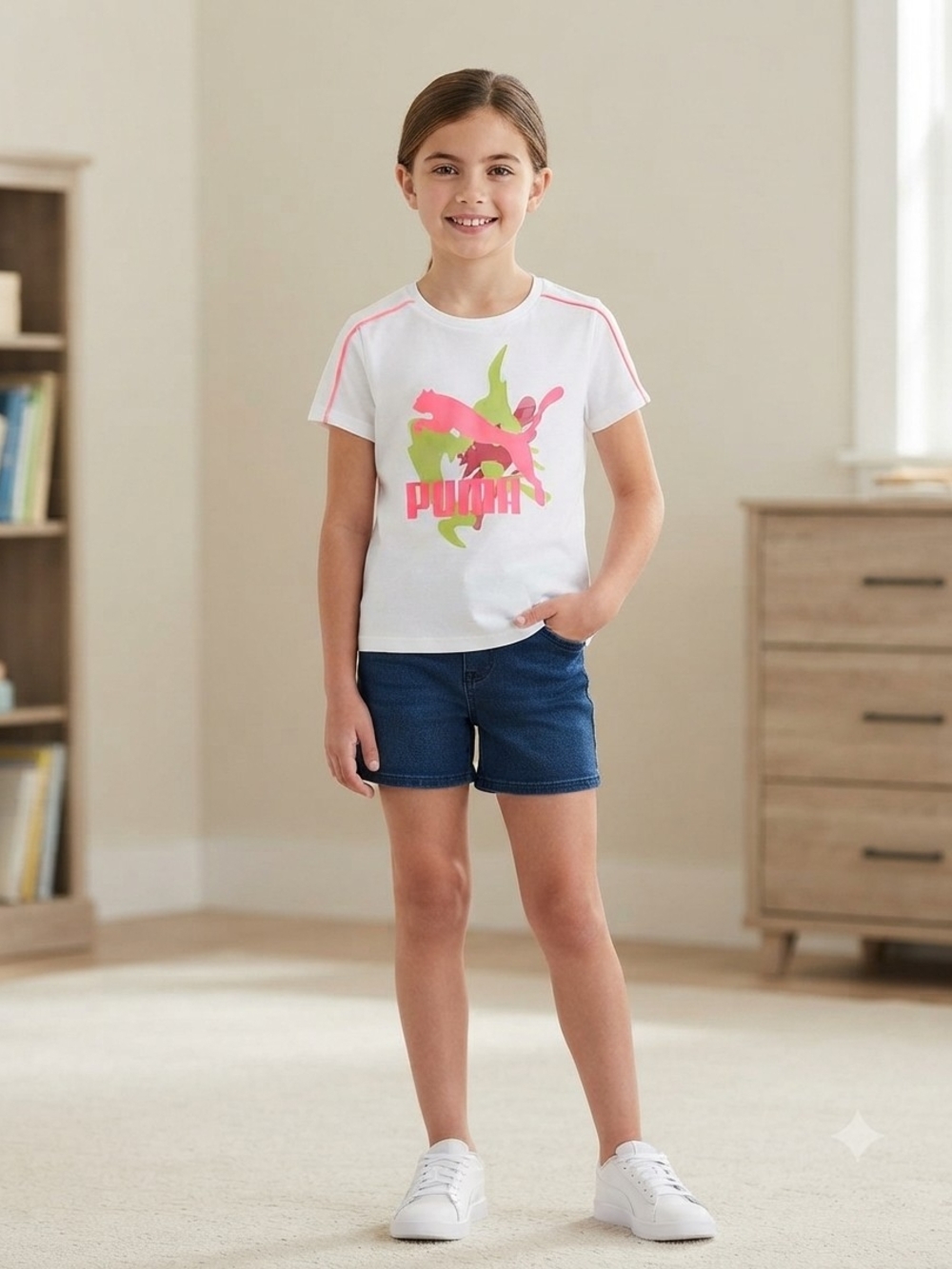Puma White & Neon Pink Graphic Logo T-Shirt Size M (8-10)